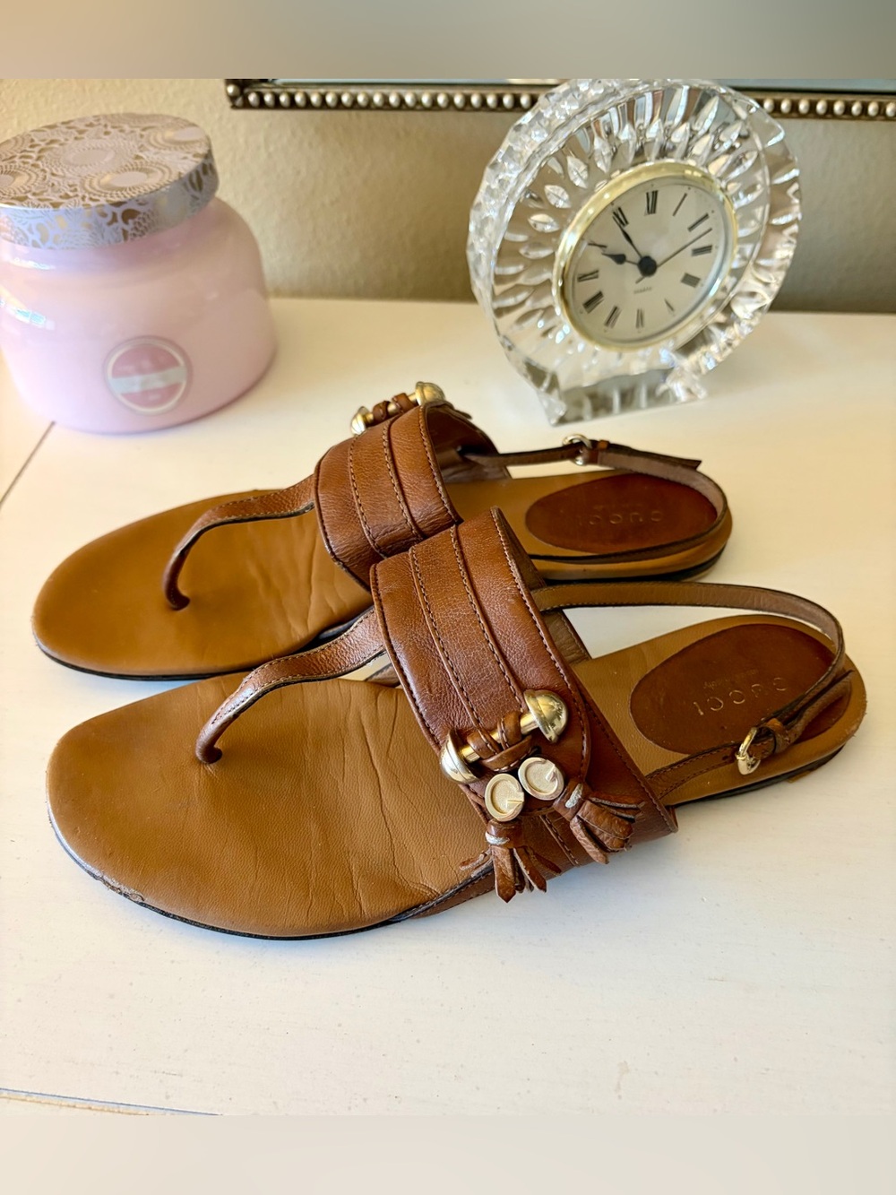 Gucci Brown Leather Thong Sandals with Gold Accents